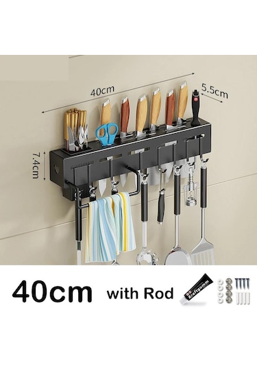 Siyah Duvara Monte Mutfak Rafı Çok Fonksiyonlu Paslanmaz Çelik Pişirme Gereçler Depolama Rafı Çatal Bıçak Tutucu Sofra Organizatör With Rod-40cm