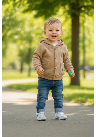 Erkek Çocuk Bebek Kapüşonlu Hırka 3-24 Ay Kahverengi