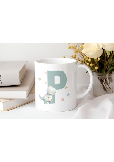 P Harfi Sevimli Dinozor Kupa Bardak - Açık Yeşil Yıldız Detaylı Dino Tasarım - Hediye Beyaz