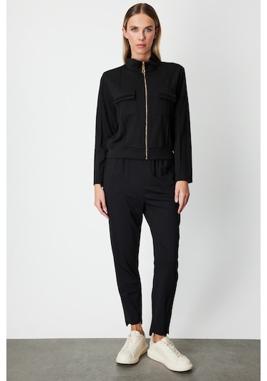 On Kadın Cep Detaylı Dik Yaka Eşofman Üstü 66509 Siyah Siyah