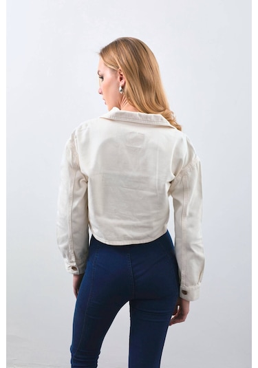 Kadın Ekru Crop Kesim Jean Ceket ekru