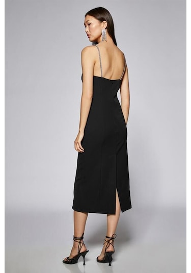 Koton Kadın Taşlı Askılı Kalp Yaka Midi Boy Elbise