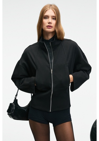 VIVETY Kadın Dik Yakalı Metal Fermuarlı Korse Görünümlü Bele Oturan Regular Siyah Ceket