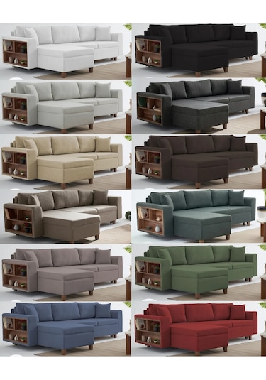 Rengar Köşe Takımı & Yataklı Bazalı Keten Kumaş Sol Köşe Koltuk Takımı - Mavi V119 Mavi