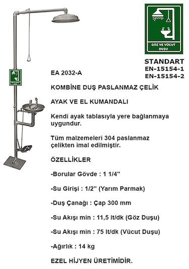 Ea 2032-a Acil Boy Ve Göz Yıkama Duşu Pedallı Paslanmaz