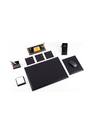 Optima 9 Parça Siyah Deri Sümen Seti Takımı Gold Kalem Ofis Masa İsimliği Kalite Masa Sümeni İsimlik