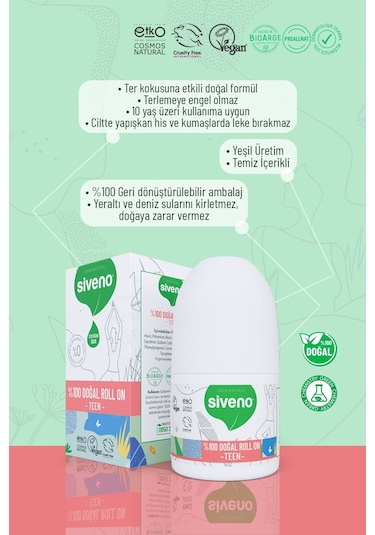 Siveno %100 Doğal Roll On Teen Girl Genç Kız Deodorant Ter Kokusu Önleyici Bitkisel Leke Bırakmayan Vegan 50 ML