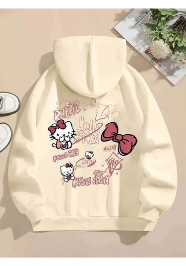 Kışlık Kapüşonlu Sweatshirt, Çocuk Hello Kitty Sırt Baskılı Ekru