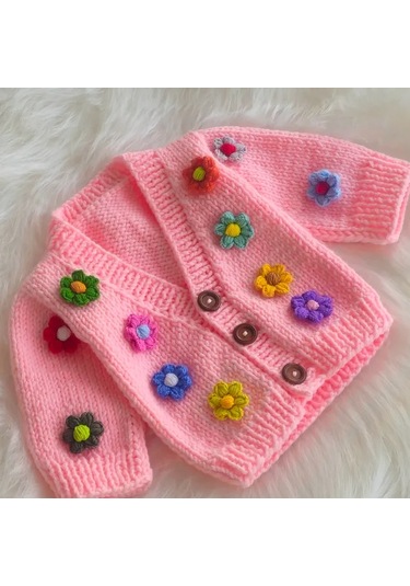 Uretti - Eylem 6333 - El Yapımı Çiçekli Kız Çocuk Hırkası - 12 - 24 Ay Pembe