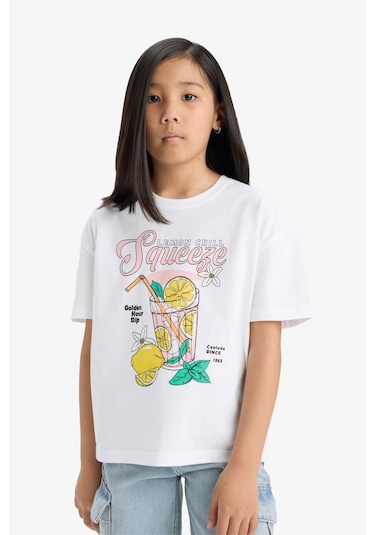 Defacto Kız Çocuk Relax Fit Bisiklet Yaka Baskılı Kısa Kollu Tişört E0389a825smwt34 Beyaz