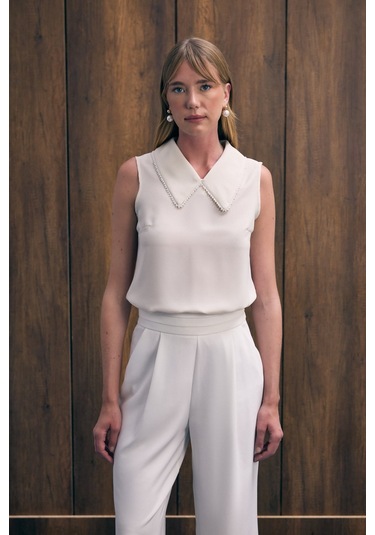 Yaka İncili Kolsuz Bluz - Bej-136428 Bej