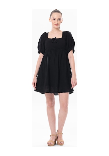 Kısa Kol Lara Kare Yaka Bağlama Detaylı Yazlık Müslin Elbise Siyah Syh-siyah Siyah