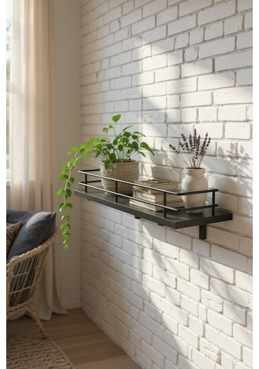 Modern Tasarımlı Metal Korkuluklu Siyah Ahşap Duvar Rafı Siyah