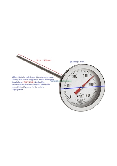 Teknikmarketiniz Ø52mm 500c 30cm Problu Taş Fırın Termometresi
