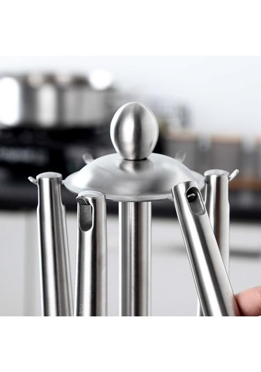 Paslanmaz Çelik Mutfak Eşyaları Tutucu Standı Raf Organizatör 360 Derece Dönen Carousel 6 Hooks Kaşık Dayanıklı Ve Amp Tencere Klipleri -