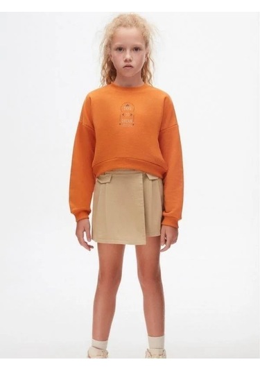 Kız Çocuk Pamuklu İki İplik Crop Sweatshirt-14706 Turuncu