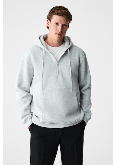 Grimelange Justus Erkek Kapüşonlu Kanguru Cepli Fermuar Yakalı Grimelanj Sweatshirt Grimelanj