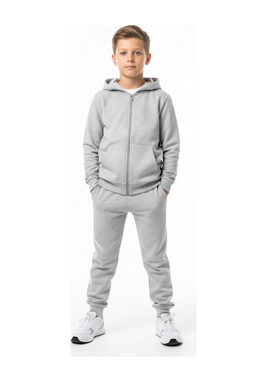 Fermuarlı Kanguru Cepli Kapüşonlu Düz Baskısız Erkek Çocuk Eşofman Takımı Gri