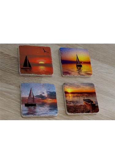 Gün Batımında Yelkenliler Doğal Taş Bardak Altlığı 4'lü Set - Natural Stone Coasters - Taş Çok Renkli