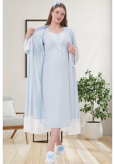 Mecit Pijama Mecit 6204 Mavi Hamile Lohusa Dantelli Sabahlık Gecelik Takım