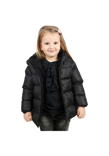 Kız Çocuk Siyah Içi Polarlı Kapüşonlu Su Geçirmez Rüzgara Dayanıklı Şişme Kışlık Mont & Kaban Siyah