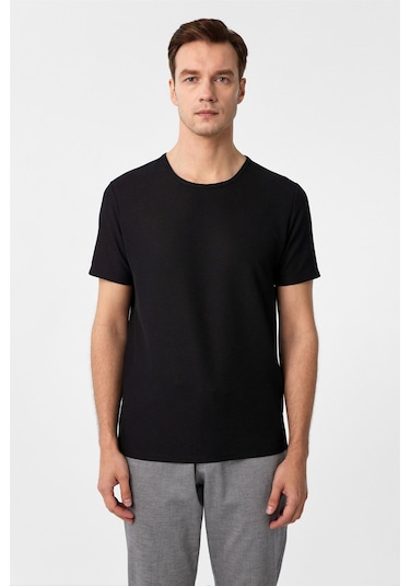 Siyah Slim Fit Armürlü Bisiklet Yaka Tişört-37262 Siyah