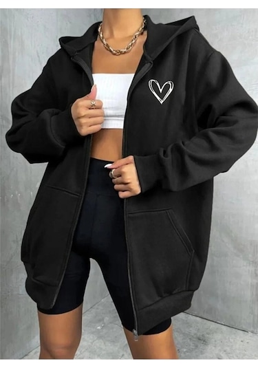 Pandy Kapüşonlu Fermuarlı Oversize Kalp Baskılı Mevsimlik Unisex Sweatshirt Kalpbaskılı Siyah