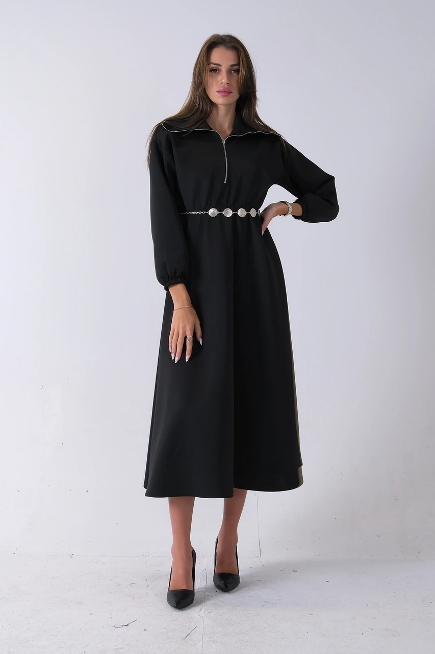 Feminist Siyah Yaka Fermuar Detaylı Bel Ve Bileği Lastikli Kemerli Scuba Elbise 4593455.01 Siyah