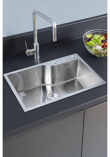Ala Serisi %100 Krom 68x45 Paslanmaz Mutfak Eviyesi, Mutfak Lavabosu Sifon Dahil Silver