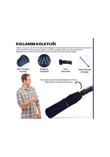 Biggdesign Moods Up Premium Ahşap Saplı Lacivert Otomatik Şemsiye, Rüzgara Dayanıklı, Hızlı Kuruyan Çok Renkli