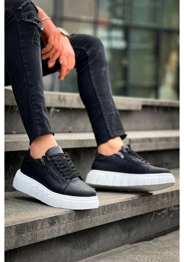 Kb-x155 Kuback Siyah Cilt Detaylı Beyaz Yüksek Taban Günlük Spor Ayakkabı Siyah1 Siyah