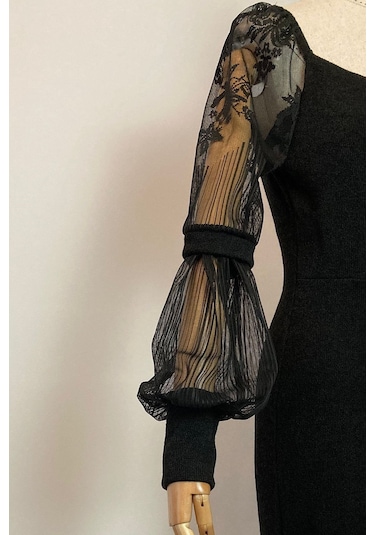 M1991 Kol Detaylı Kruvaze Örme Elbise Siyah-siyah Siyah