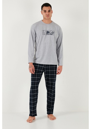 Buratti Ekoseli Pamuklu Regular Fit Yüksek Bel Bisiklet Yaka Erkek Pijama Takımı 6574000 Gri