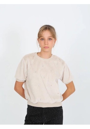 Kız Çocuk Kışlık Peluş Taşlı Yarım Kollu Tasarım Kazak-14821 Krem