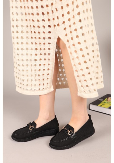 Minty Önü Tokalı Triko Babet Siyah-7905 Siyah