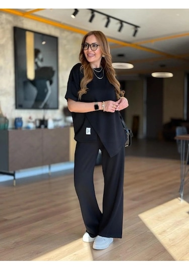 The İstanbul Kadın Kısa Kollu Bisiklet Yaka Asimetrik Viskon Iki Iplik Bluz Ve Pantolon Ikili Takım Siyah