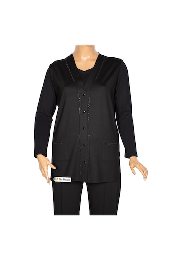 Hesna Kadın Umut Battal Beden Beş Düğmeli Cepli Penye Siyah Yelek Siyah