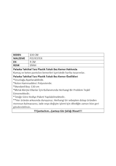 Palaska Taktikal Tarz Plastik Tokalı Bez Kemer Siyah