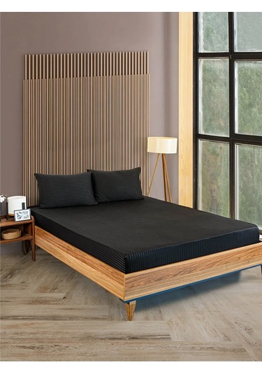 Siyah Pamuklu Çizgili Saten Lastikli Çarşaf Takımı Tek Kişilik + 1 Yastık Kılıfı Siyah