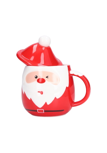 Yaleker Noel Baba Desenli Seramik Bardak, 450ml Kapasite, Kapağı Ve Kaşığı İle, Çay Kahve Süt İçin, Ev Ofis Kullanıma Uygun Diğer