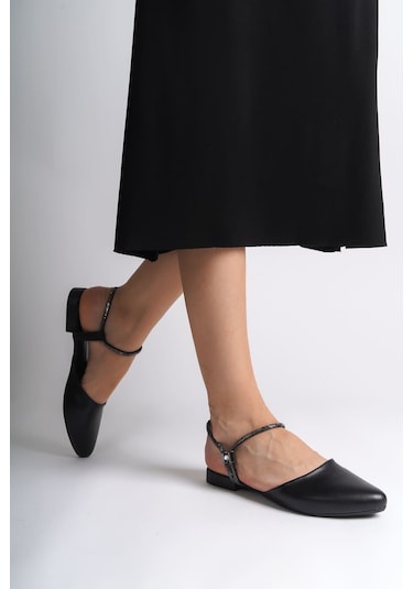 Arıana Lastikli Ortopedik Rahat Taban Bilekten Taş Detaylı Kadın Babet Ayakkabı Cst - Siyah Siyah