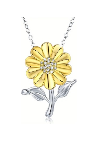 Güneş Çiçeği Büyük Sarı Çiçek Ve Açık Renkli Kolye 925 Ayar Gümüş Zincir Çok Renkli