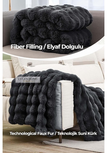 Evlen Home Kürk Yatak Örtüsü Çift Kişilik Dolgulu Peluş Yumuşak Çift Taraflı Yorgan 3 Parça Loria Antrasit Füme Antrasit
