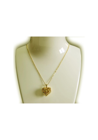 Uzel Çelik Sarı Gold Açılır Kapanır Taşlı Kalp Kolye Sarı