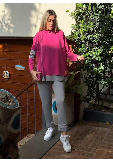 Ge Ticaret Kadın Pembe Kapşonlu Etek Ucu Detay Arma Ters Dikiş Gorunumlu Ikili Takım Pembe