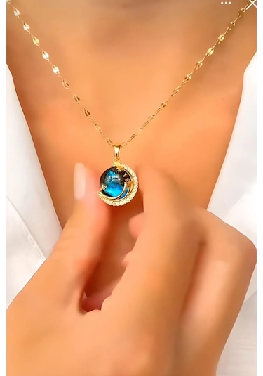 Kararmaz Gökyüzü Ay Model Gold Kadın Gezegen Çelik Kolye Çok Renkli