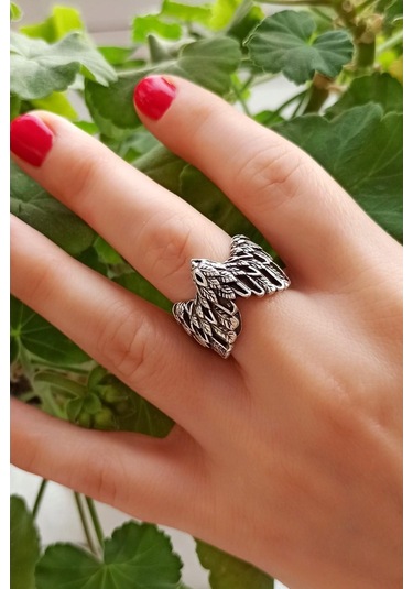 Antik Gümüş Kaplama Kartal Şekilli El Yapımı Ayarlanabilir Yüzük - 502235420 Çok Renkli