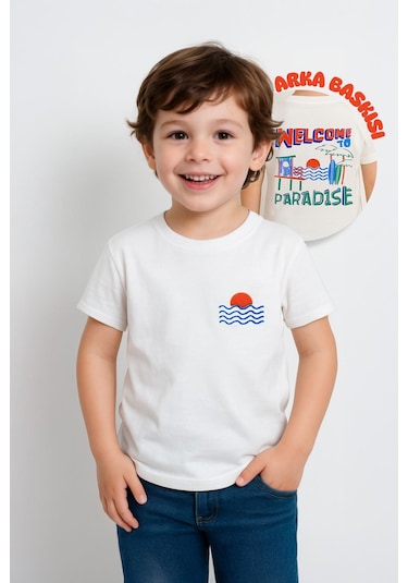 Erkek Çocuk %100 Pamuklu Kabartma Baskılı Tişört 3-4 Yaş 8-9 Yaş Beyaz