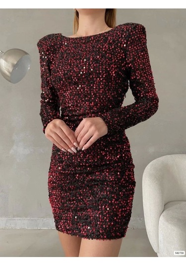 Kadın Uzun Kollu Vatka Detay Full Pul Payet Mini Elbise Kırmızı
