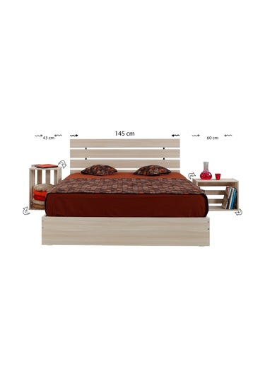 Pasifichome Huga Çift Kişilik Ahşap Karyola Komodin Takım Meşe 140 Cm